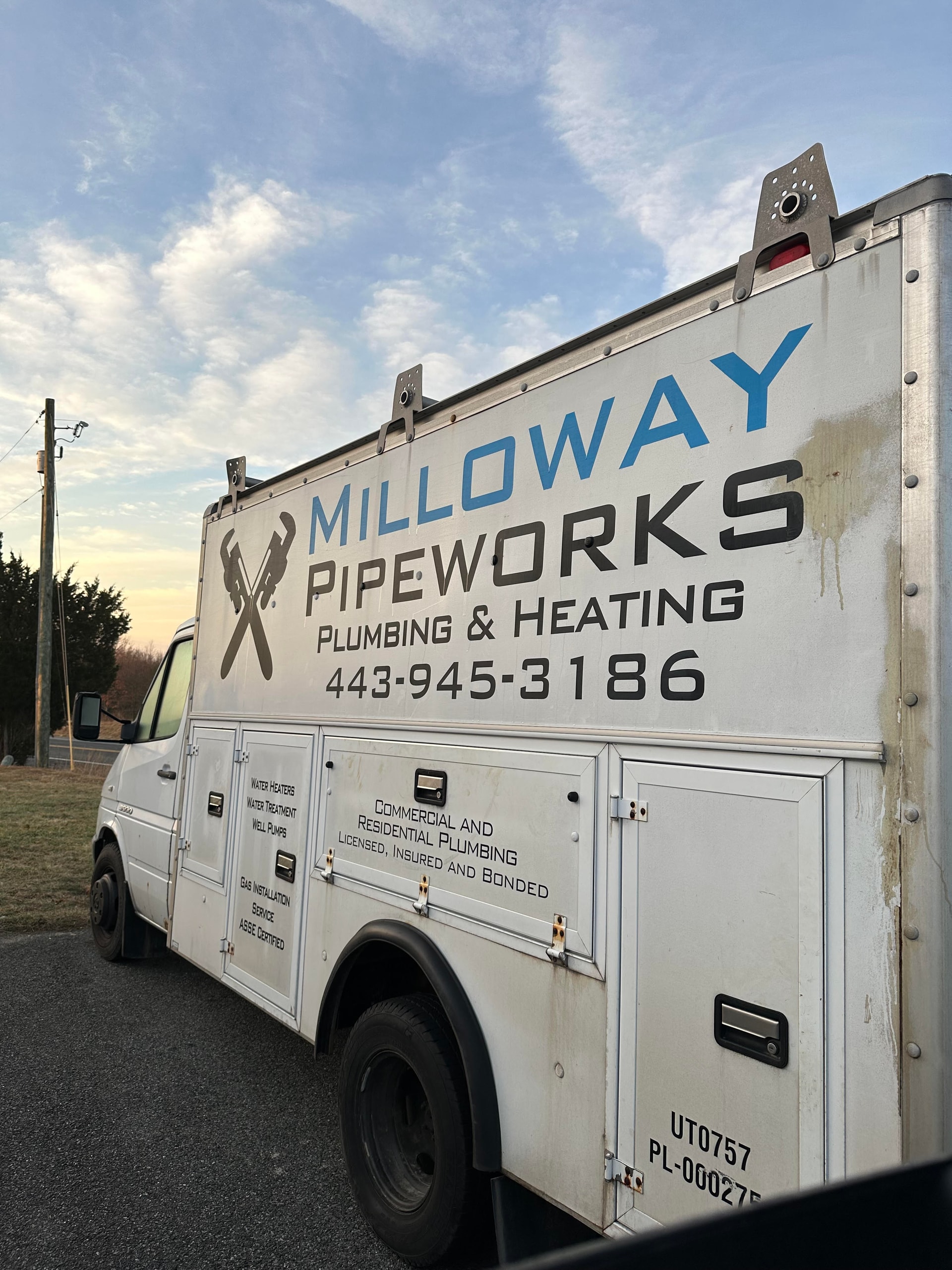 Milloway Pipeworks branded service truck β Plumbing & Heating, serving Maryland, Delaware and Pennsylvania